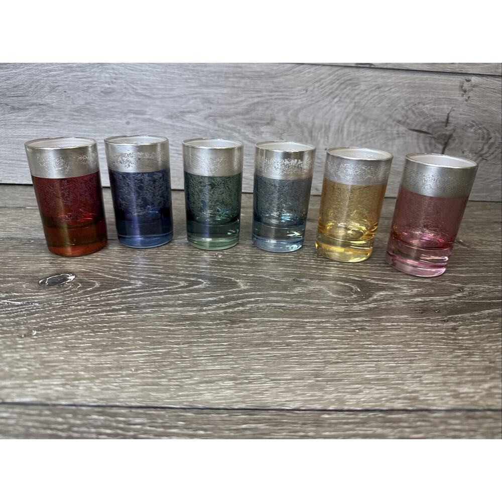 Interglass Italy Etched Colored Glass Silver Plate Rim Liqueur Glass SET 6